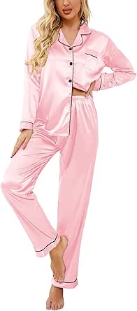 Ekouaer Women's Classic Button Down Long Satin Silk Pajama Set