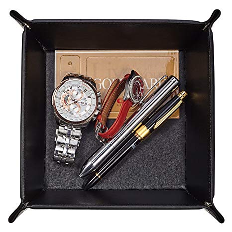 OARIE Men Valet Tray,Jewelry Tray Key PU Leather Valet Tray Box, Fully PU Leather Storage Tray(Black)