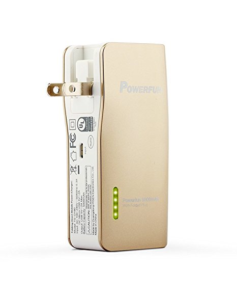 Pisen 5000mAh Power Bank with Foldable AC Plug 1A/2A for iPhone, iPad, Samsung and More (Gold)