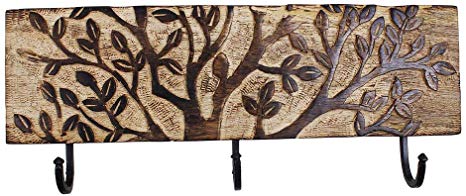 Wall Mounted Key Rack Holder Hand Carved with 3 Hooks & Tree of Life Patterns Mango Wood
