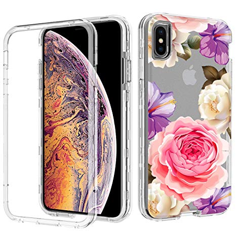 ACKETBOX iPhone Xs Max Case 3in1 Hybrid Heavy Duty Case Shining Colorful Flower Design PC Case Bumper Clear TPU Protective Cover for Apple XS Max Case 2018 6.5 inch(Purple Flowers)