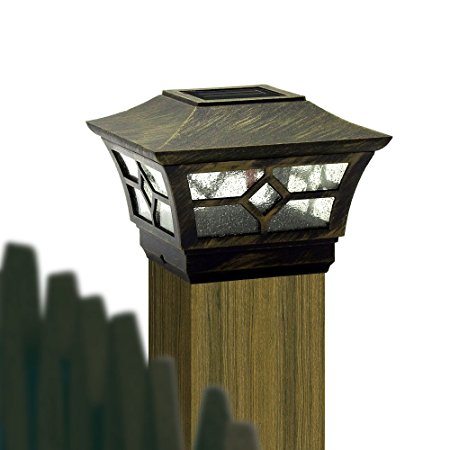 CHEEKON Solar Powered LED Post Caps Light, Fit into 3.5 Inches or 4 Inches Nominal Wooden Posts, Install Size is 3.5 Inches, Metal and Glass, Remington Bronze, Outdoor Garden Yard Deck Street Top