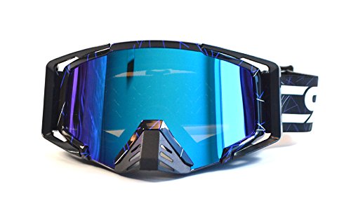 CRG Motocross ATV Dirt Bike Off Road Racing Goggles Adult T815-105 Series (Black w/ Blue Strips)