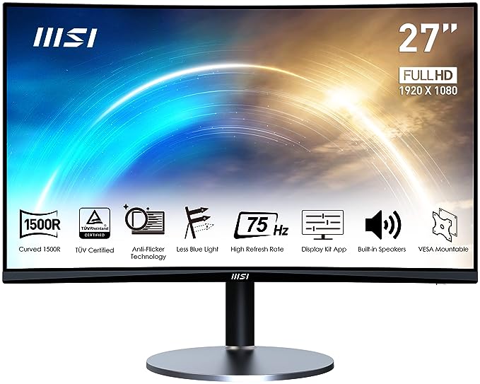 MSI Pro Mp272C 27 Inch Full Hd Business & Productivity LCD Monitor - 1920 X 1080, 75 Hz, Eye-Friendly Screen, Built-in Speakers, Vesa Mountable, Anti-Flicker, Black