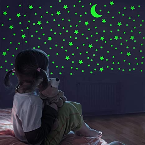 Glow in The Dark Stars and Moon, Realistic No Dots No Squares Set. 338 Star Shaped Stickers and a Moon, Luminous Adhesives for Room, Wall, Bedroom, Light up Your Ceiling and Living Room Decoration