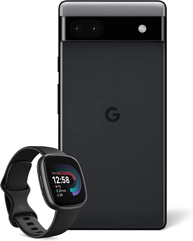 Google Pixel 6a – Unlocked Android 5G Smartphone with 12 megapixel camera and 24-hour battery – Charcoal   Fitbit Versa 4 Fitness Smartwatch, compatible with Android and iOS