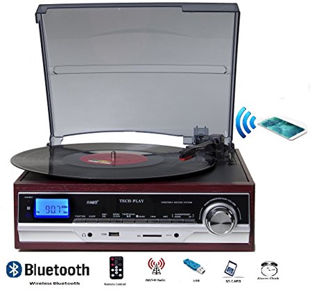 TechPlay ODC17BT , Bluetooth connection, 3-Speed Turntable W/SD USB, MP3 Encoding System, AM/FM Stereo Radio & built-in speakers in wood color