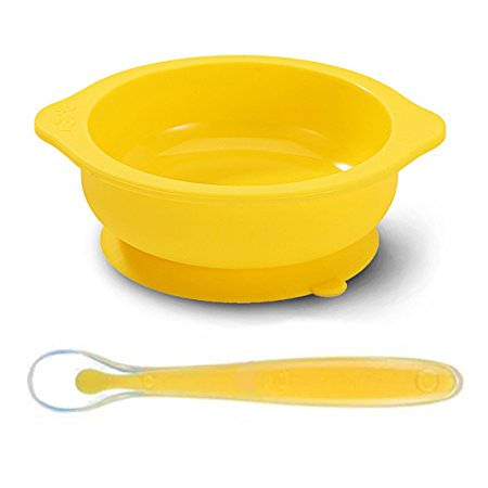 Baby/Toddler Feeding Silicone bowl with Stay-Put Suction Base and Spoon Set (Yellow)