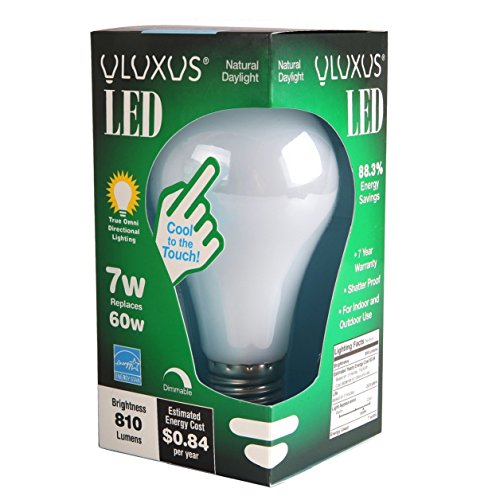 60 Watt Equivalent Omnidirectional LED A19 Daylight (5000K) Dimmable Light Bulb - 360 Degrees Beam Angle - Uses ONLY 7W (2-Pack)