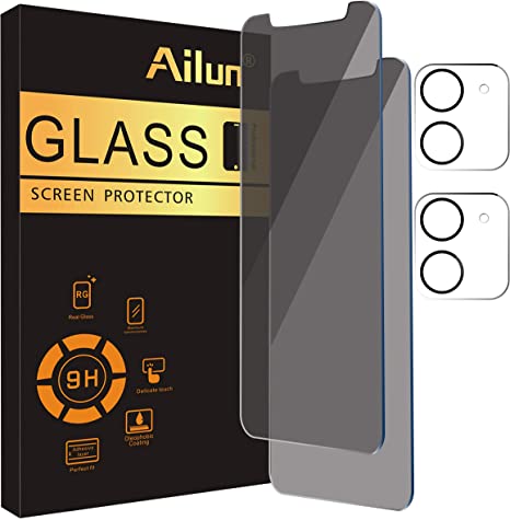 Ailun 2Pack Privacy Screen Protector Compatible for iPhone 12[6.1 inch]   2 Pack Camera Lens Protector,Tempered Glass Film,[9H Hardness] - HD