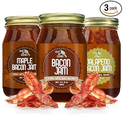 Green Jay Gourmet Bacon Jam Sampler Pack - Classic Spread for Burgers, Sandwiches, Toast, Charcuterie - Sweet, Savory Flavoring for Meat, Poultry, Dressing - MSG, Trans Fat, & Gluten Free - 3 x 20 oz