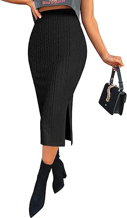 Zeagoo Womens Knit Midi Skirts Casual Pencil Skirt High Waisted Long Skirts with Slit Elegant Work Office Skirts