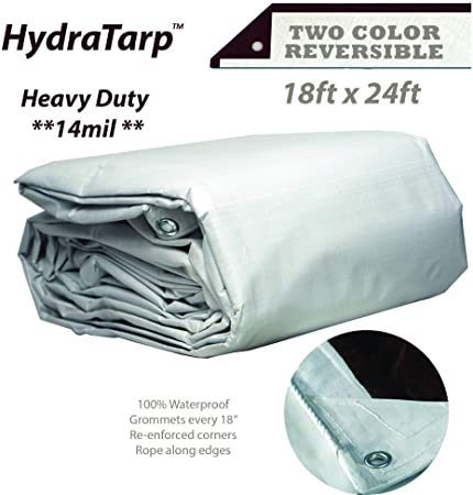 HydraTarp 18ft X 24ft Heavy Duty Waterproof Tarp - 14mil Thick - White/Brown Reversible Tarp