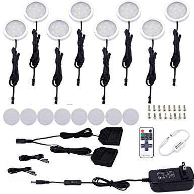 AIBOO Kitchen Under Cabinet Lighting LED 12Vdc 8 Pack Black Cord Aluminum Puck Lights for Counter Closet Furniture Lighting with Dimmable RF Remote Control(16W, Daylight White)