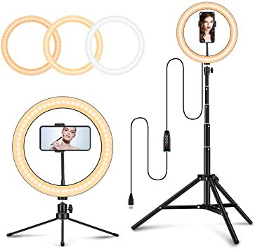 10'' Ring Light with Tripod Stand and Phone Holder,3 Color Modes and 10 Brightness,Desk Selfie Ring Light,LED Ring Light for Vlogs, Live Stream, Phone,YouTube,Video Shooting(2Pcs Tripod Stand)