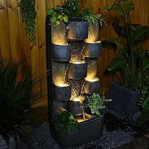 Outdoor Water Fountain Garden - Waterfall Fountains Outdoor with LED Lights & Pump, Concrete Artistry Modern Style with LED Lights for Patio Yard Pool pood Home Decor, 45 inches Tall