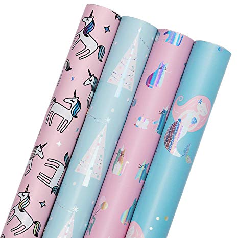 WRAPAHOLIC Gift Wrapping Paper Roll - Mermaid, Unicorn, Cat and Tree Cute Design with Colorful Foil for Birthday, Holiday, Baby Shower Gift Wrap - 4 Rolls - 30 inch X 120 inch Per Roll