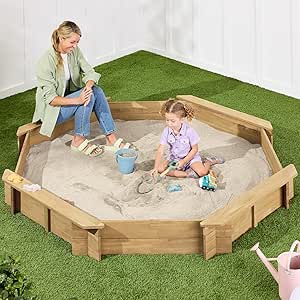 Best Choice Products Kid's Large Octagonal Wooden Outdoor Sandbox with Cover w/ 4 Reinforced Benches, 8 Seats, XL Sandpit, Bottom Liner - Natural