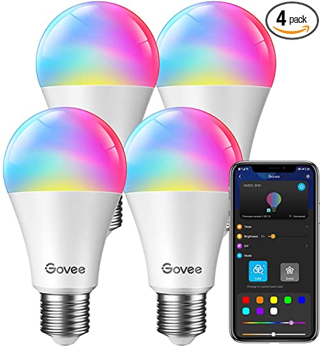 Govee Smart Light Bulbs, Dimmable RGBWW LED Color Changing Bulbs, Work with Alexa & Google Assistant, No Hub Required, 9W 60W Equivalent A19 Decorative Lighting Bulbs for Bedroom Living Room, 4 Pack