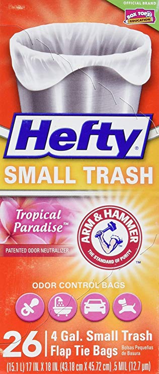 Hefty Small Trash Bags 4 Gallon - Odor Control, Tropical Paradise, Flap Tie, 26 Count