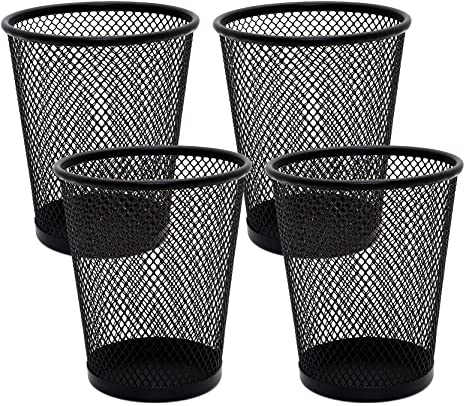 4 Pack Pen Holder Metal Mesh Pencil Holders Round Shaped Pen Holders for Desk Office Wire Mesh Container Pen Organizer,Black