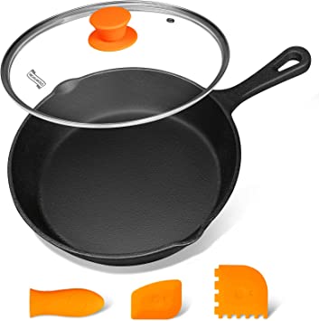 MICHELANGELO Cast Iron Skillet with Lid 20cm, Cast Iron Pan with Lid, Preseasoned Oven Safe Skillet, Cast Iron Frying Pan with Silicone Handle & Scrapers
