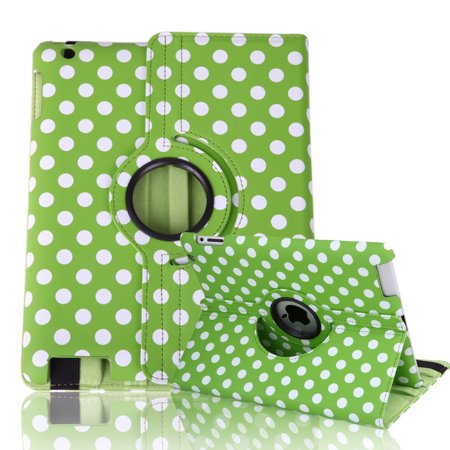 HDE Rotating iPad Case Magnetic Folding Leather Cover Folio Flip Stand for Apple iPad 2 iPad 3 iPad 4 (Green & White Polka Dot)