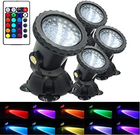 AomeTech Upgraded Pond Light, Waterproof Underwater Submersible Spotlights with Remote, 36 LED Multi-Color Adjustable Dimmable Lights for Aquarium, Fish Tank, Swimming Pool, Garden (4pack.)