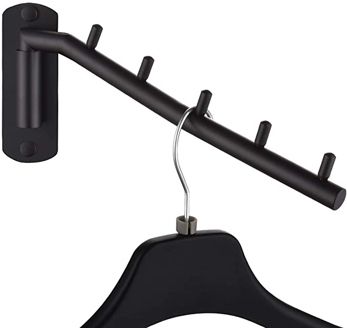 JQK Folding Clothes Hanger Rack, Stainless Steel Swing Arm Hook Holder, Clothing Hanging System Drying Closet Storage Organizer Matte Black Wall Mount, SHR100-PB