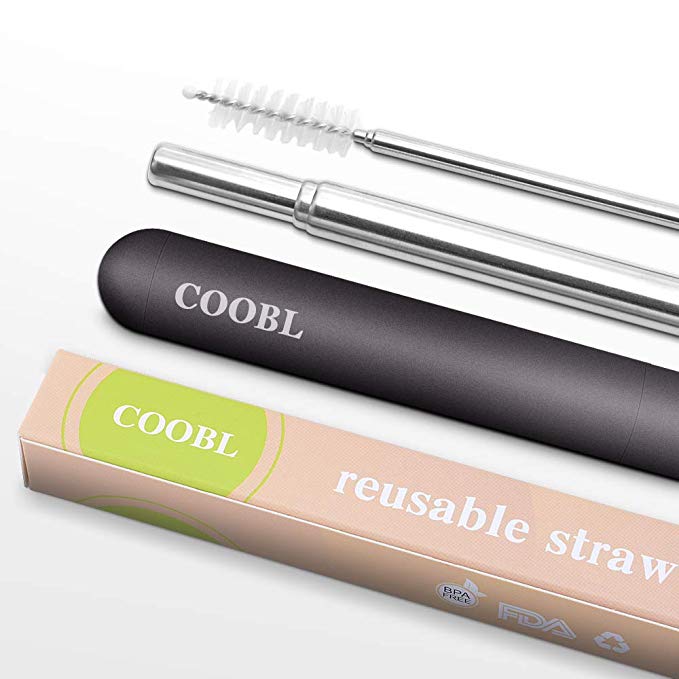 Collapsible Reusable Drinking Metal Straws-9.25''Stainless Steel Straws with Portable Metal Case and Telescopic Cleaning Brush (Black)
