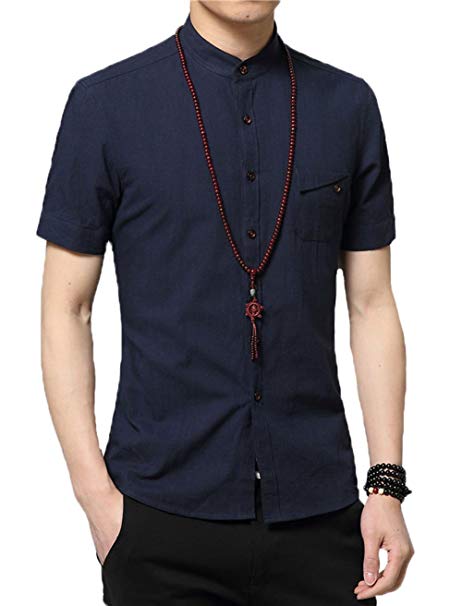 Plaid&Plain Men's Slim Fit Short Sleeve Banded Collar Solid Linen Shirts
