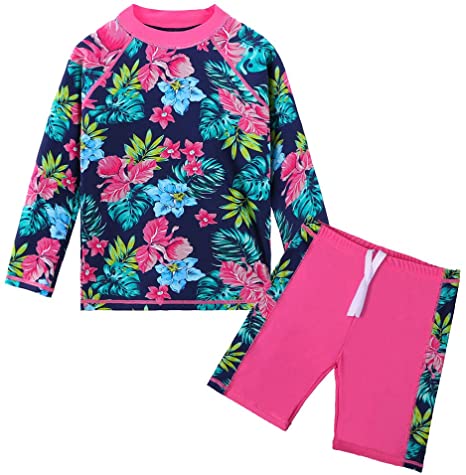 TFJH E Girls Swimsuit UPF 50  UV Two Piece Long Sleeve Swimwear Rash Guard Sets 3-12Y