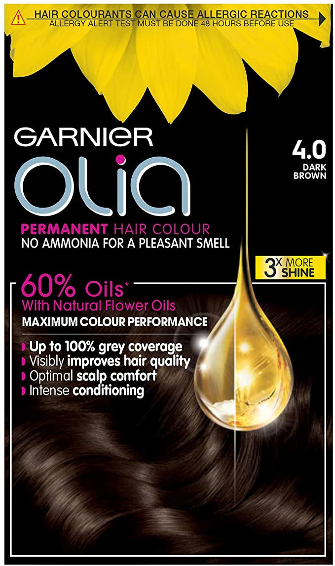 Garnier Olia Dark Brown Hair Dye Permanent, Up to 100% Grey Hair Coverage, No Ammonia for a Pleasant Scent, 60% Oils - 4.0 Dark Brown