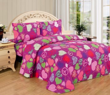 Fancy Collection Pink Purple Zebra Hearts Peace Sign Girls/teens 3 Pc Sheet Set Pillow Shams Bedding Twin Size