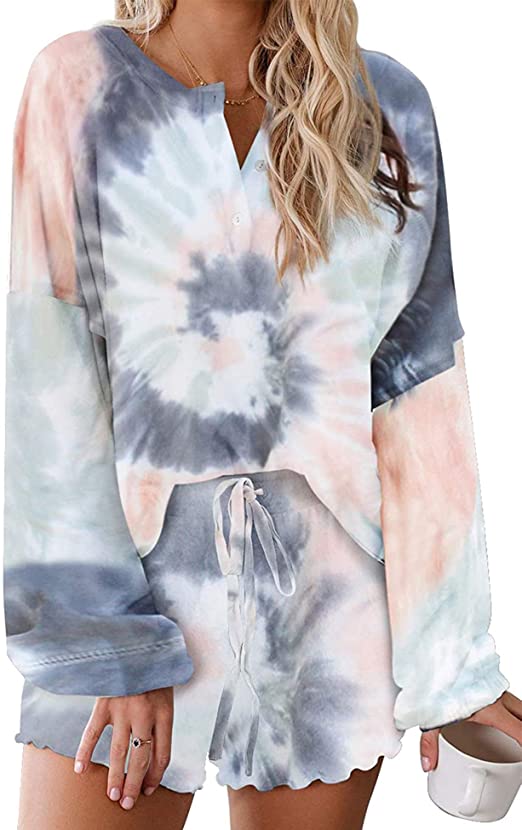 Kikibell Womens Tie Dye Printed Ruffle Short Pajamas Set Sleeveless Tops and Shorts PJ Set Loungewear Nightwear Sleepwear
