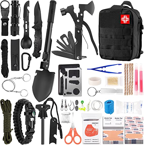 Survival Kit and First Aid Kit, 142Pcs Professional Survival Gear and Equipment with Molle Pouch, for Men Dad Husband Who Likes Camping Outdoor Adventure (Khaki)