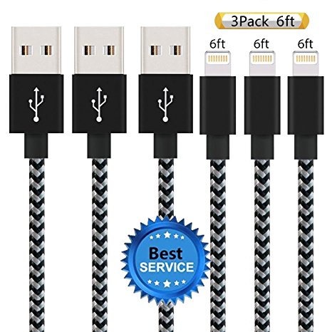 iPhone Cable SGIN, 3Pack 6FT Nylon Braided Cord Lightning Cable Certified to USB Charging Charger for iPhone 7,7 Plus,6S,6s Plus,6,6plus,SE,5S,5,iPad,iPod Nano 7 (Black Grey)