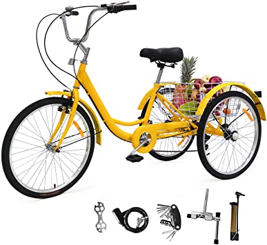 EOSAGA Adult Tricycles 24/26 inch Trike Cruiser Bike Three-Wheeled Bicycle Brake System for Recreation, Shopping with Basket