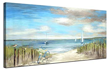 Beach Themed Wall Art Painting Canvas Artwork Decor for Bedroom Living Room Home Office Decoration Seascape Picture with Frames