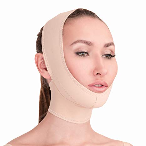 Post Surgical Chin Strap Bandage for Women - Neck and Chin Compression Garment Wrap - Face Slimmer, Jowl Tightening, Chin Lifting Medical Anti Aging Mask (Beige, L)