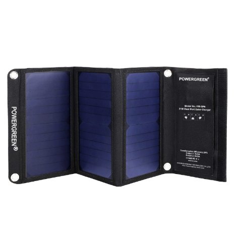 PowerGreen® 21W Portable Folding Solar Charger with Dual USB Port Sunpower Solar Panels for all 5V Digital Mobile Devices (Black)