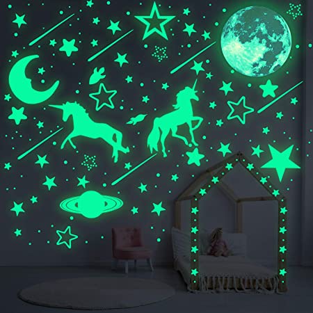 1058 Pieces Glow in The Dark Unicorn Wall Decals Glowing Moon Meteors Ceiling Stickers Star Unicorn Fluorescent Wall Decors for Kids DIY Bedding Room Nursery Room Baby Shower Decoration Party