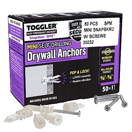 TOGGLER SnapSkru SPM Mini Self-Drilling Drywall Anchor with Screws, Glass-Filled Nylon, Made in US, for #6 to #8 Fastener Sizes (Pack of 50)