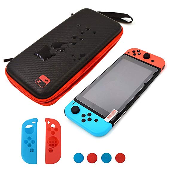 Jadebones Storage Bag Sets for Switch, Carbon Fiber Waterproof Travel Case with Tempered Glass Screen Protector and NS Joy-Con Controller Silicone Case Thumb Grips Kit for Nintendo Switch