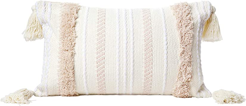 Mkono Throw Pillow Cover Macrame Cushion Case Handmade Woven Tufted Tassel (Pillow Inserts Not Included) Lumbar Decorative Rectangle Pillowcase for Bed Sofa Couch Bench Car Boho Home Decor, 12"W×20"L