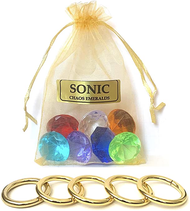 Sonic 7 Chaos Emeralds Gems & 5 Gold Power Rings - by AAA World