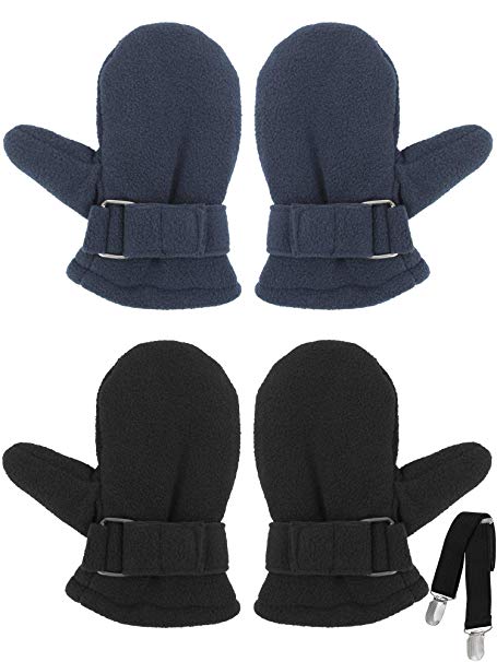 Coobey 2 Pairs Toddler Kids' Sherpa Lined Mittens Baby Boys or Girls Winter Gloves with Adjustable Mitten Clips