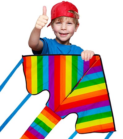 Huge Rainbow Kite For Kids And Adults - Eye Catching Bright Colours - Very Easy To Fly - Great for Beginners - Comes with String and Handle