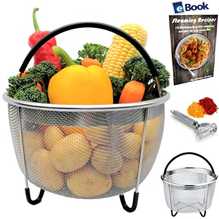 PREMIUM Vegetable Steamer Basket - BEST Bundle - Fits Instant Pot Pressure Cooker 6 Qt & 8 Quart - Stainless Steel - BONUS Accessories - Julienne Peeler   eBook - Insert for Instapot