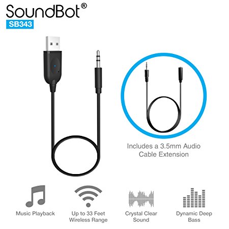 SoundBot SB343 3.5mm AUX Bluetooth Receiver Adapter Dongle,Universal Compatibility to Stream Music from ANY Bluetooth Wireless Enabled Players to Home / Car Audio Speaker System w/ 3.5mm Audio-In Port